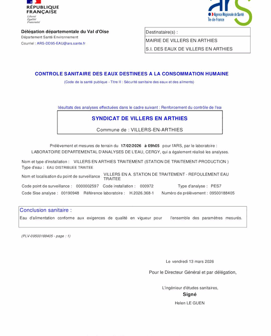 Contrôle sanitaire de l&rsquo;eau potable — Résultats conformes