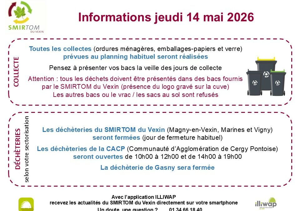 Collectes et déchèteries jeudi 14 mai