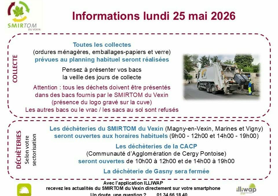 Collectes et déchèteries : horaires lundi 25 mai