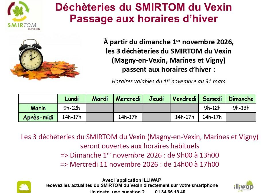 Déchèteries du SMIRTOM du Vexin : horaires d&rsquo;hiver